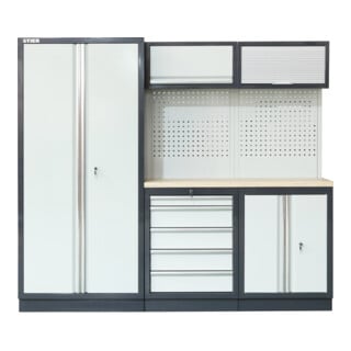 STIER Arredamento da officina Basic 6 pezzi con pannello forato e piano di lavoro in multiplex largh.xprof.xalt. 4235x460x2000mm