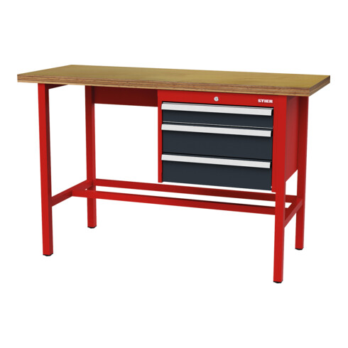 STIER Banco da lavoro con 1 cassetto da 100 mm, 2 cassetti da 150 mm largh.xprof.xalt. 1500x600x960 mm RAL 3020 / RAL 7016