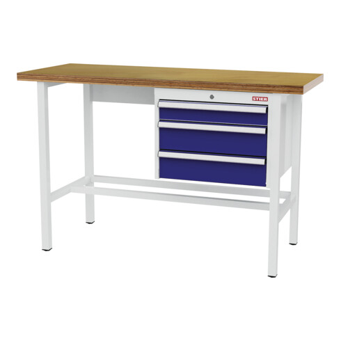 STIER Banco da lavoro con 1 cassetto da 100 mm, 2 cassetti da 150 mm largh.xprof.xalt. 1500x600x960 mm RAL 7035 / RAL 5010