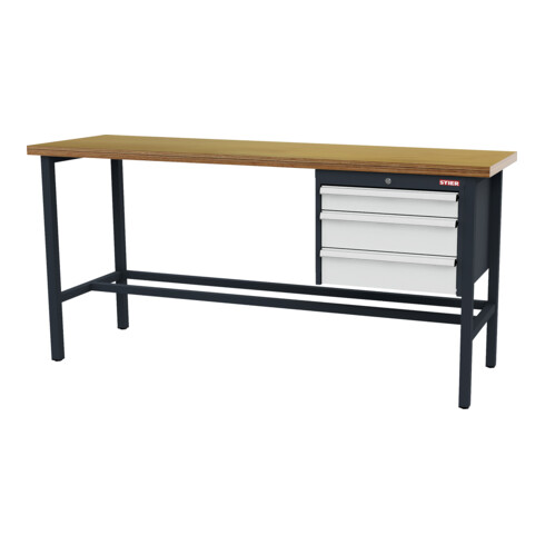 STIER Banco da lavoro con 1 cassetto da 100 mm, 2 cassetti da 150 mm largh.xprof.xalt. 2000x600x960 mm RAL 7016 / RAL 7035