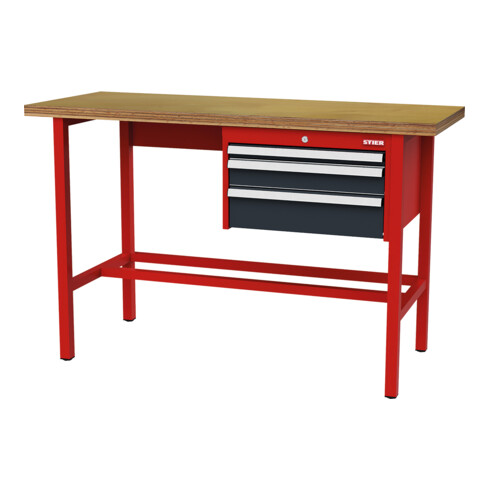 STIER Banco da lavoro con 1 cassetto da 50 mm, 1 cassetto da 100 mm, 1 cassetto da 150 mm largh.xprof.xalt. 1500x600x960 mm RAL 3020 / RAL 7016