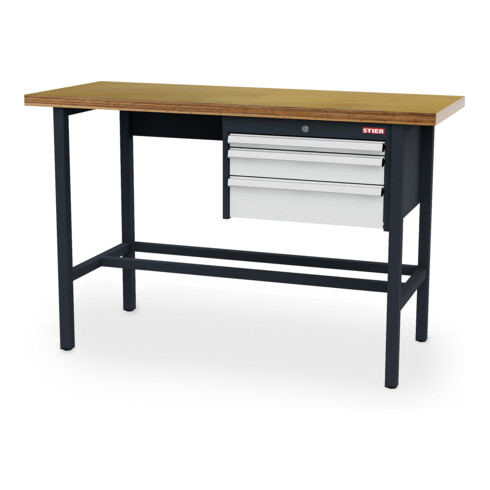 STIER Banco da lavoro con 1 cassetto da 50 mm, 1 cassetto da 100 mm, 1 cassetto da 150 mm largh.xprof.xalt. 1500x600x960 mm RAL 7016 / RAL 7035
