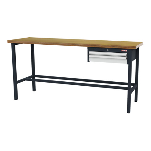 STIER Banco da lavoro con 1 cassetto da 50 mm, 1 cassetto da 100 mm largh.xprof.xalt. 2000x600x960 mm RAL 7016 / RAL 7035