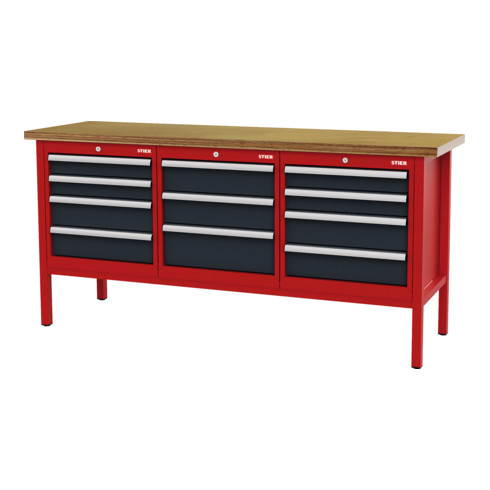 STIER Banco da lavoro con 11 cassetti largh.xprof.xalt. 2000x600x960 mm RAL 3020 / RAL 7016
