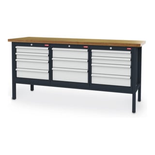 STIER Banco da lavoro con 11 cassetti largh.xprof.xalt. 2000x600x960 mm RAL 7016 / RAL 7035