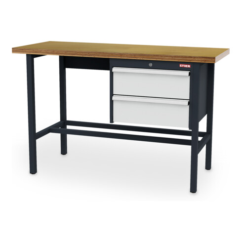 STIER Banco da lavoro con 2 cassetti da 200 mm largh.xprof.xalt. 1500x600x960 mm RAL 7016 / RAL 7035