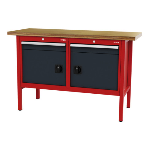 STIER Banco da lavoro con 2 cassetti e 2 sportelli largh.xprof.xalt. 1500x600x960 mm RAL 3020 / RAL 7016