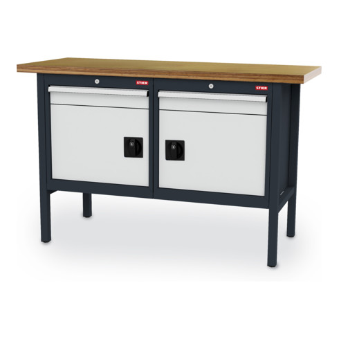 STIER Banco da lavoro con 2 cassetti e 2 sportelli largh.xprof.xalt. 1500x600x960 mm RAL 7016 / RAL 7035