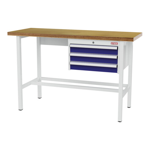 STIER Banco da lavoro con 3 cassetti da 100 mm largh.xprof.xalt. 1500x600x960 mm RAL 3020 / RAL 7016