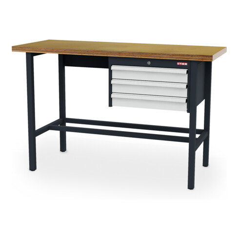 STIER Banco da lavoro con 3 cassetti da 100 mm largh.xprof.xalt. 1500x600x960 mm RAL 7016 / RAL 7035