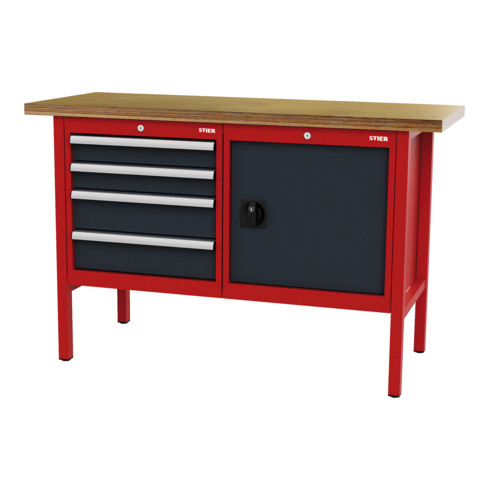 STIER Banco da lavoro con 4 cassetti e 1 sportello largh.xprof.xalt. 1500x600x960 mm RAL 3020 / RAL 7016
