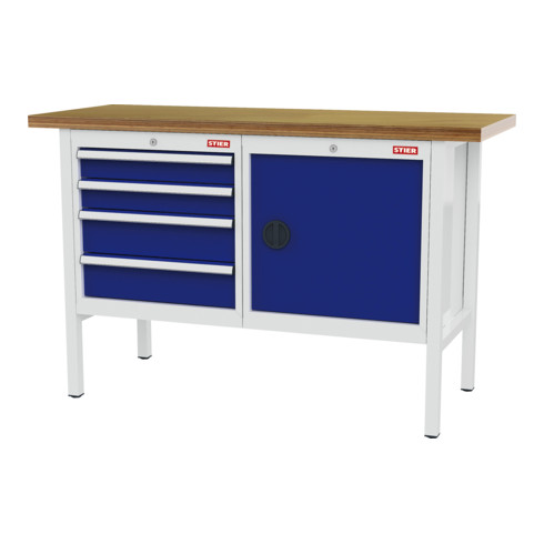 STIER Banco da lavoro con 4 cassetti e 1 sportello largh.xprof.xalt. 1500x600x960 mm RAL 7035 / RAL 5010
