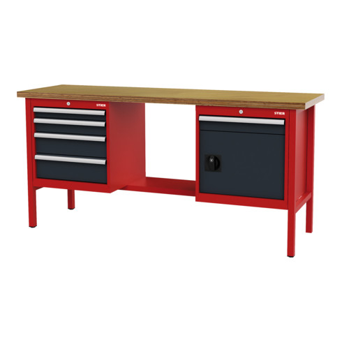 STIER Banco da lavoro con 5 cassetti e 1 sportello largh.xprof.xalt. 2000x600x960 mm RAL 3020 / RAL 7016