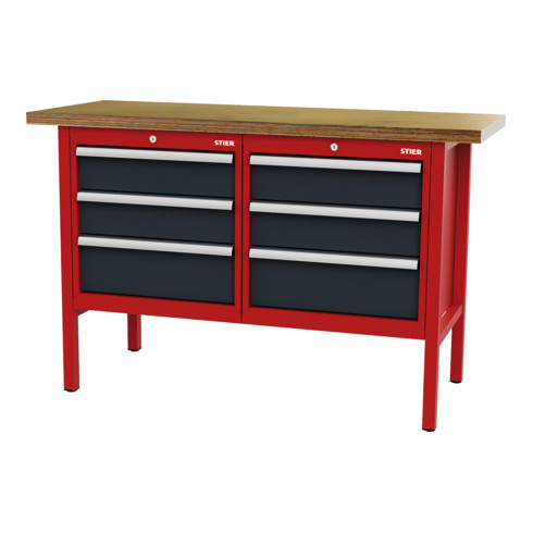 STIER Banco da lavoro con 6 cassetti largh.xprof.xalt. 1500x600x960 mm RAL 3020 / RAL 7016