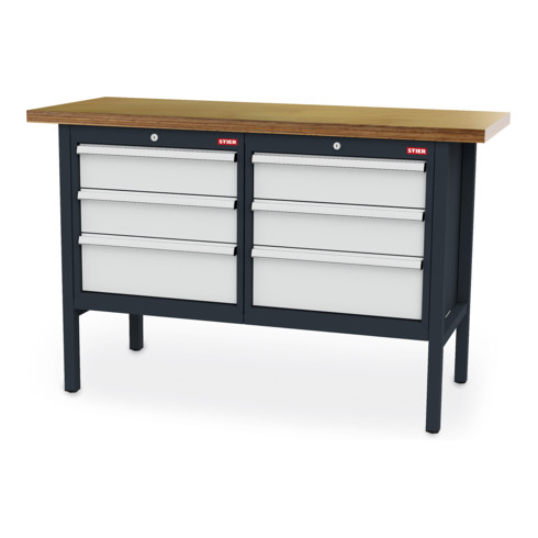 STIER Banco da lavoro con 6 cassetti largh.xprof.xalt. 1500x600x960 mm RAL 7016 / RAL 7035
