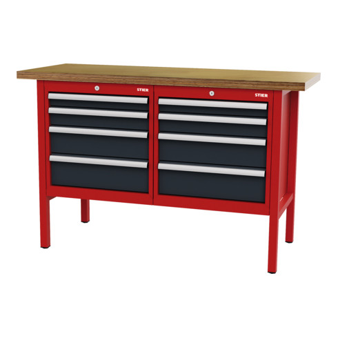 STIER Banco da lavoro con 8 cassetti largh.xprof.xalt. 1500x600x960 mm RAL 3020 / RAL 7016