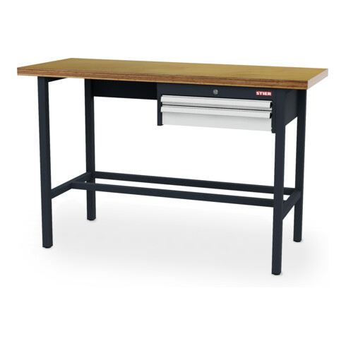 STIER Banco da lavoro con1 cassetto da 50 mm, 1 cassetto da 100 mm largh.xprof.xalt. 1500x600x960 mm RAL 7016 / RAL 7035