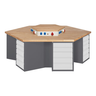 STIER Banco da lavoro di gruppo con 6x5 cassetti e blocco portaprese largh.xprof.xalt. 2700x2340x890 mm