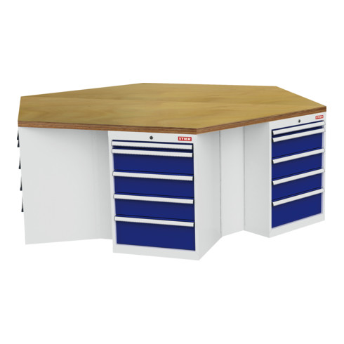 STIER Banco da lavoro esagonale largh.xprof.xalt. 2500x2165x860 mm grigio luce/blu genziana