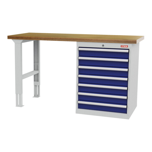 STIER Banco da lavoro in serie largh.xprof.xalt. 1500x600x860 mm con 1 corpo armadio di larghezza 600 mm RAL 7035 / RAL 5010
