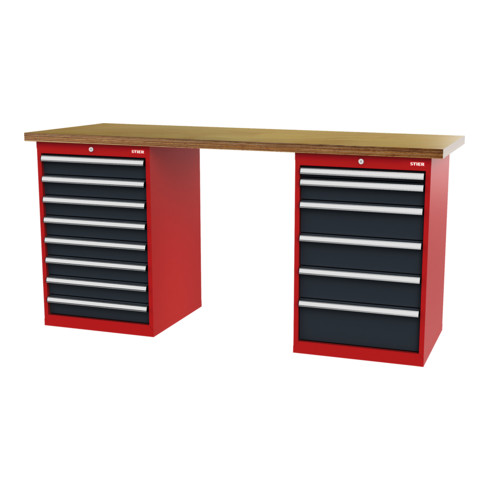 STIER Banco da lavoro largh.xprof.xalt. 2000x600x1060 mm con 2 corpi armadio di larghezza 600 mm RAL 3020 / RAL 7016