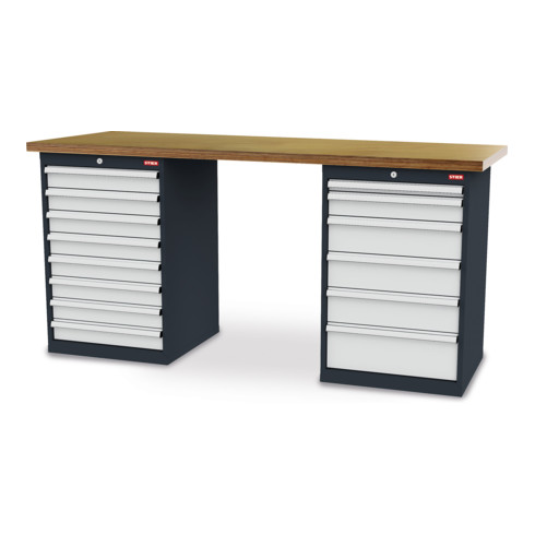 STIER Banco da lavoro largh.xprof.xalt. 2000x600x1060 mm con 2 corpi armadio di larghezza 600 mm RAL 7016 / RAL 7035