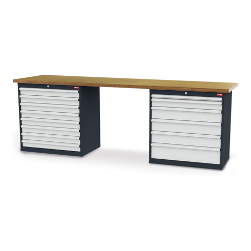 STIER Banco da lavoro largh.xprof.xalt. 2000x600x1060 mm con 2 corpi armadio di larghezza 900 mm RAL 7016 / RAL 7035