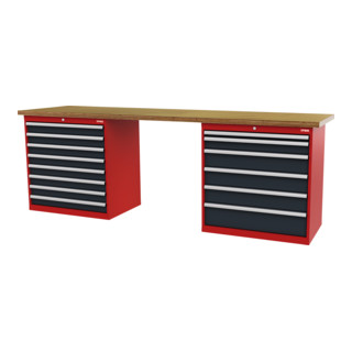 STIER Banco da lavoro largh.xprof.xalt. 2000x600x860 mm con 2 corpi armadio di larghezza 900 mm RAL 3020 / RAL 7016