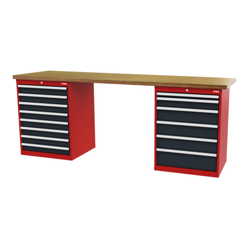 STIER Banco da lavoro largh.xprof.xalt. 2500x600x960 mm con 2 corpi armadio di larghezza 700 mm RAL 3020 / RAL 7016