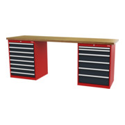 STIER Banco da lavoro largh.xprof.xalt. 2500x600x960 mm con 2 corpi armadio di larghezza 700 mm RAL 3020 / RAL 7016