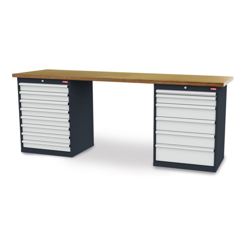STIER Banco da lavoro largh.xprof.xalt. 2500x600x960 mm con 2 corpi armadio di larghezza 700 mm RAL 7016 / RAL 7035