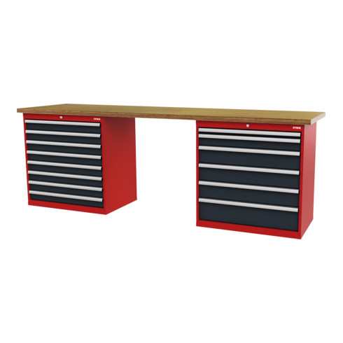 STIER Banco da lavoro largh.xprof.xalt. 2500x600x960 mm con 2 corpi armadio di larghezza 900 mm RAL 3020 / RAL 7016