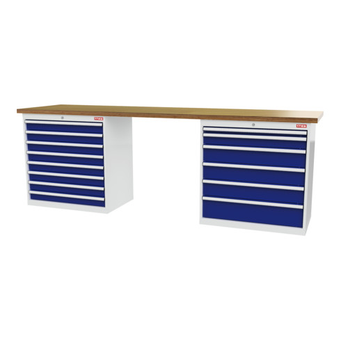 STIER Banco da lavoro largh.xprof.xalt. 2500x600x960 mm con 2 corpi armadio di larghezza 900 mm RAL 7035 / RAL 5010