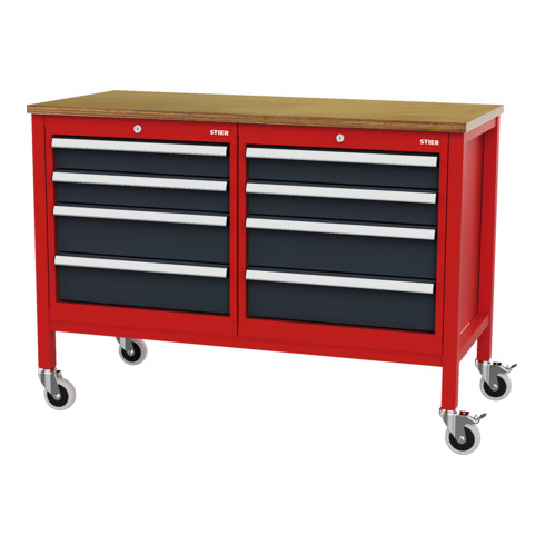 STIER Banco da lavoro mobile a cassetti con 8 cassetti largh.xprof.xalt. 1300x600x960 mm RAL 3020 / RAL 7016