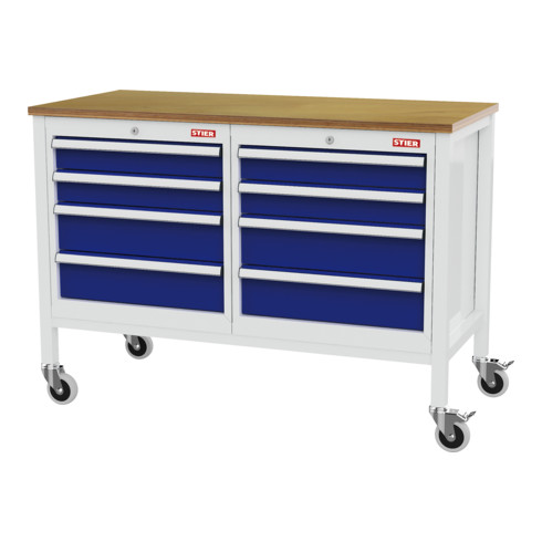 STIER Banco da lavoro mobile a cassetti con 8 cassetti largh.xprof.xalt. 1300x600x960 mm RAL 7035 / RAL 5010