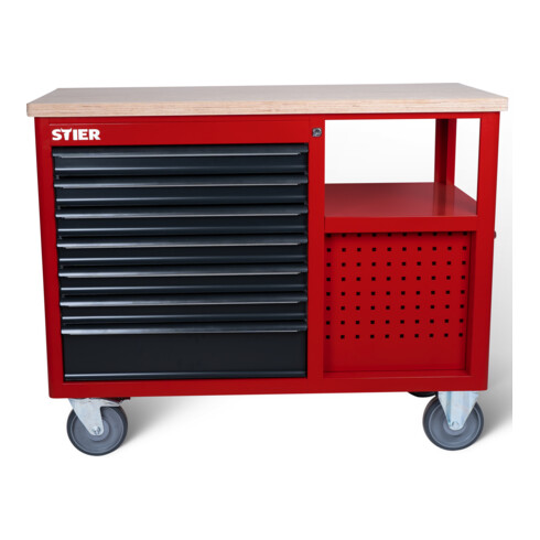 STIER Banco da lavoro mobile Open Space, 11 cassetti, rosso/grigio