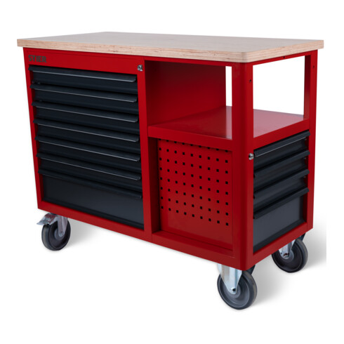 STIER Banco da lavoro mobile Open Space, 11 cassetti, rosso/grigio
