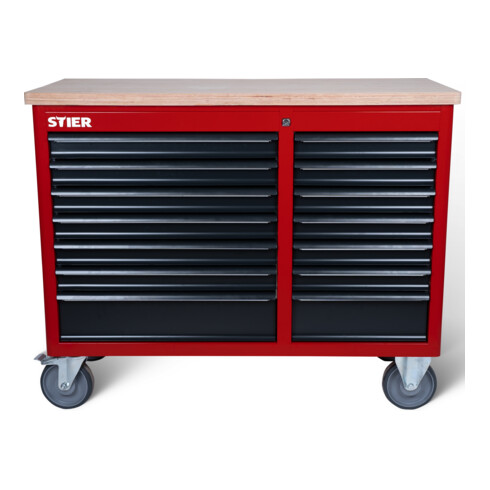 STIER Banco da lavoro mobile XXL, doppio con 14 cassetti, vuoto, grigio