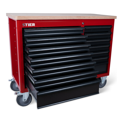 STIER Banco da lavoro mobile XXL, doppio con 14 cassetti, vuoto, grigio
