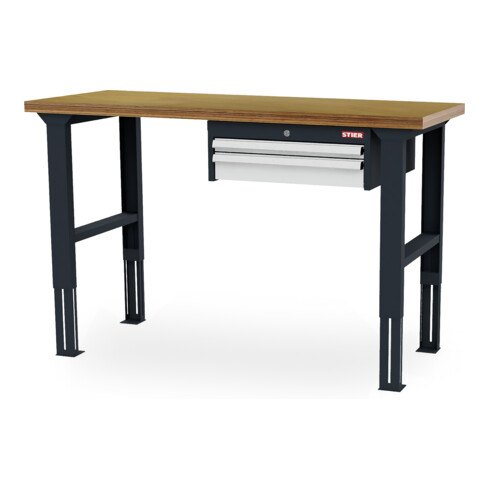 STIER Banco da lavoro regolabile in altezza, 1 cassetto da 50 mm, 1 cassetto da 100 mm largh.xprof.xalt. 1500x600x760-1060 mm RAL 7016 / RAL 7035
