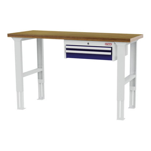 STIER Banco da lavoro regolabile in altezza, 1 cassetto da 50 mm, 1 cassetto da 100 mm largh.xprof.xalt. 1500x600x760-1060 mm RAL 7035 / RAL 5010