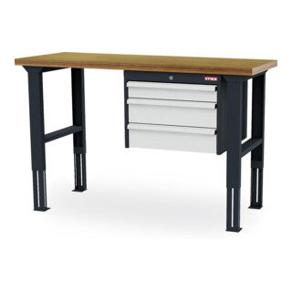 STIER Banco da lavoro regolabile in altezza con 1 cassetto da 100 mm, 2 cassetti da 150 mm largh.xprof.xalt. 1500x600x760-1060 mm RAL 7016 / RAL 7035