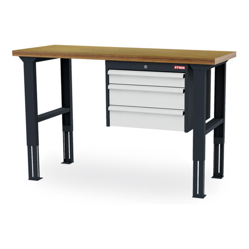 STIER Banco da lavoro regolabile in altezza con 1 cassetto da 100 mm, 2 cassetti da 150 mm largh.xprof.xalt. 1500x600x760-1060 mm RAL 7016 / RAL 7035