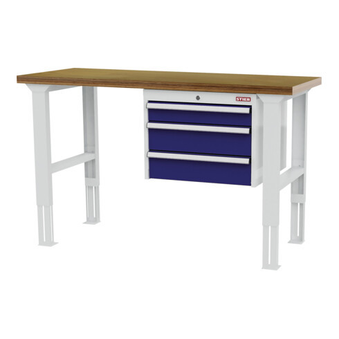 STIER Banco da lavoro regolabile in altezza con 1 cassetto da 100 mm, 2 cassetti da 150 mm largh.xprof.xalt. 1500x600x760-1060 mm RAL 7035 / RAL 5010