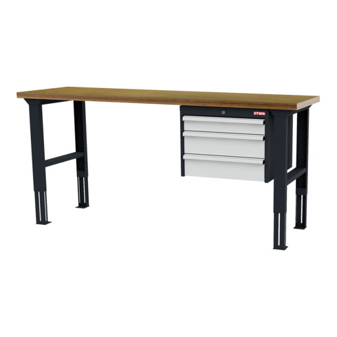 STIER Banco da lavoro regolabile in altezza con 1 cassetto da 100 mm, 2 cassetti da 150 mm largh.xprof.xalt. 2000x600x760-1060 mm RAL 7016 / RAL 7035