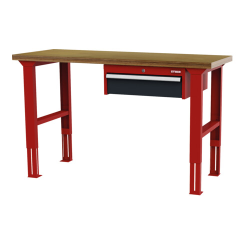 STIER Banco da lavoro regolabile in altezza con 1 cassetto da 150 mm largh.xprof.xalt. 1500x600x760-1060 mm RAL 3020 / RAL 7016