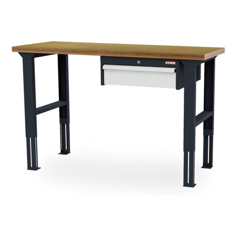 STIER Banco da lavoro regolabile in altezza con 1 cassetto da 150 mm largh.xprof.xalt. 1500x600x760-1060 mm RAL 7016 / RAL 7035