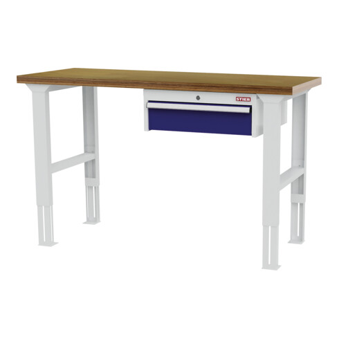 STIER Banco da lavoro regolabile in altezza con 1 cassetto da 150 mm largh.xprof.xalt. 1500x600x760-1060 mm RAL 7035 / RAL 5010