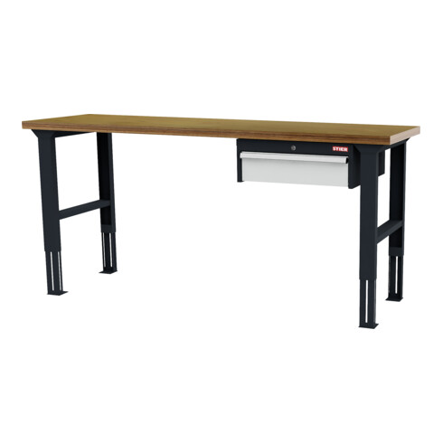 STIER Banco da lavoro regolabile in altezza con 1 cassetto da 150 mm largh.xprof.xalt. 2000x600x760-1060 mm RAL 7016 / RAL 7035