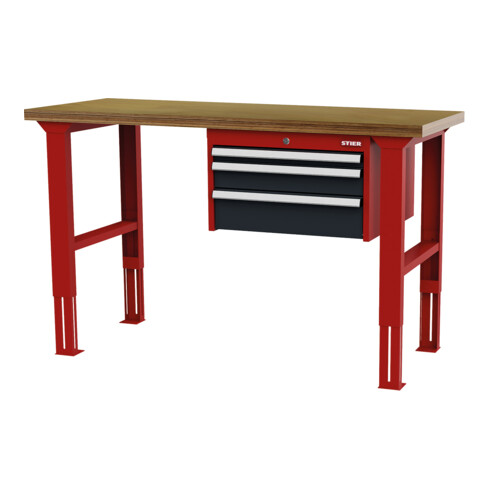 STIER Banco da lavoro regolabile in altezza con 1 cassetto da 50 mm, 1 cassetto da 100 mm, 1 cassetto da 150 mm largh.xprof.xalt. 1500x600x760-1060 mm RAL 3020 / RAL 7016